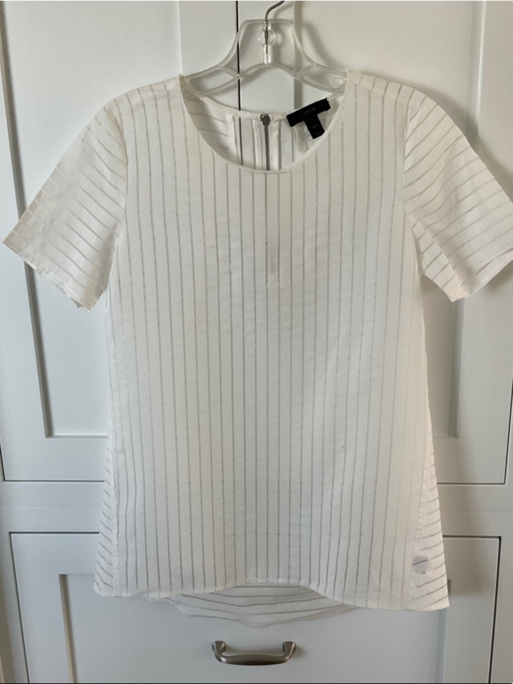 J. Crew White Short-Sleeve Semi Sheer Shadow Stripe Blouse